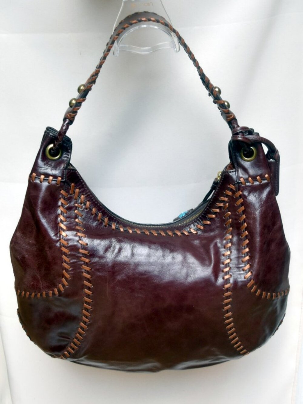 Isabella Fiore Vintage Y2K Floral Applique Whipstitch Leather Hobo Bag - Picture 6 of 11